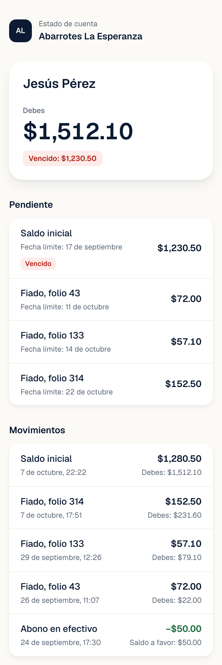 El estado de cuenta que abre el cliente con lo que debe, sus fiados pendientes y sus abonos.