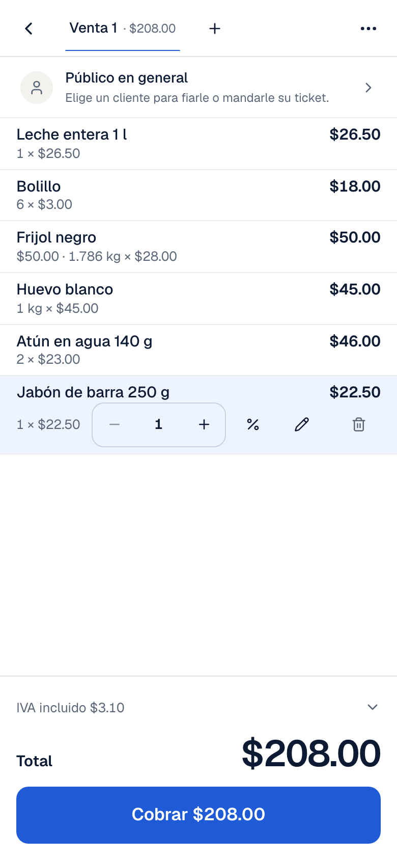 Una venta en Vender desde un celular. $50.00 de frijol negro a granel son 1.786 kg.